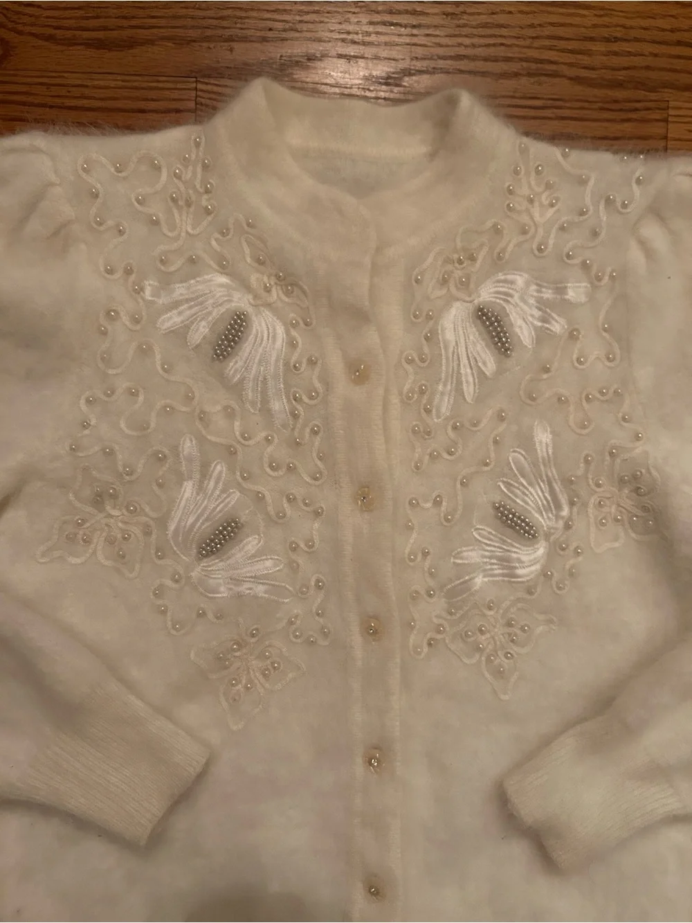 Women’s Soft Cream Beaded Angora Blend Retro Inspired Grandmacore Cardigan